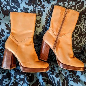 70's-style Retro Candie's Square-toe Tan Leather Block-heel Mid-calf Boots Sz 8M